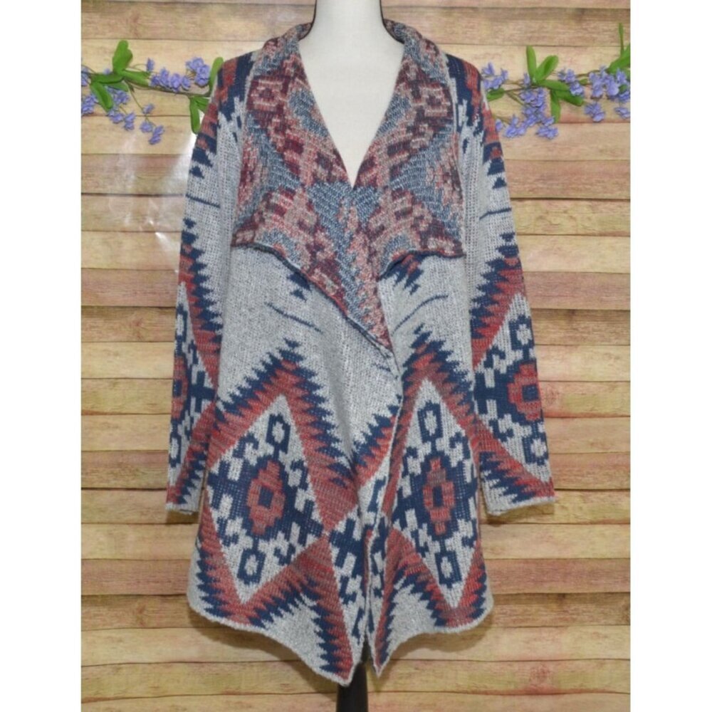 RD Style Ladies Gray Open Front Cardigan Sweater Size L Southwest Aztec Warm